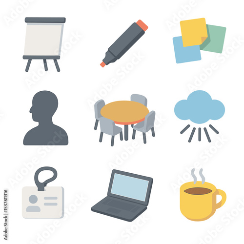 Workshop Icon Set. Isometric Flat icon set of workshop breakout groups: flip chart, marker pen, sticky notes, round table,