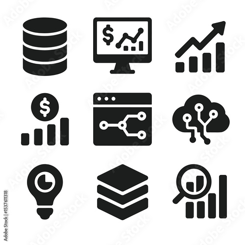 Financial Analytics Icons. Solid, filled icons set of financial data analytics: database icon, real-time