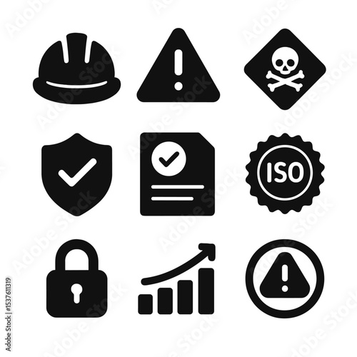 Safety Compliance Icons. Solid, filled icons set of safety compliance certifications: safety helmet, warning