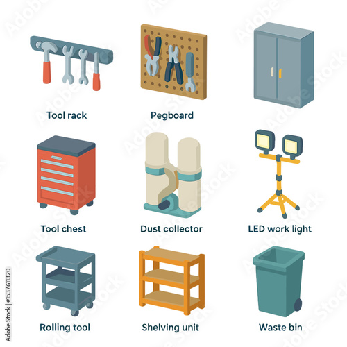 Workshop Tools Icons. Isometric Flat icon set of workshop organization solutions: tool rack, pegboard, storage cabinet, tool chest