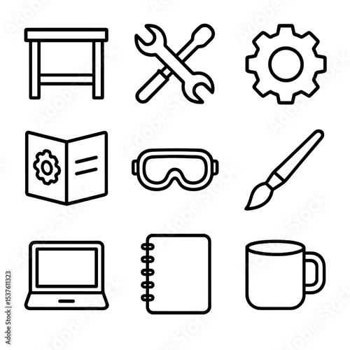 Workshop Essentials Icons. Outline icon set of workshop session: workbench, tools, gear icon, instruction manual, safety goggles,
