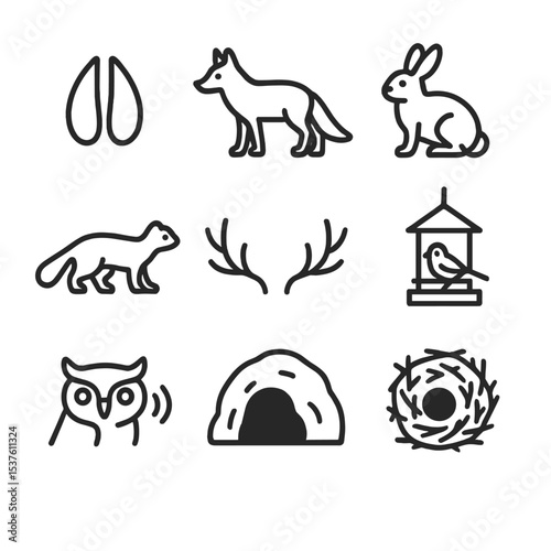 Winter Wildlife Icons. Outline icon set of winter wildlife encounters: deer track, fox silhouette, snowshoe hare, pine marten,