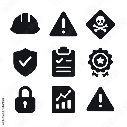 Safety Compliance Icons. Solid, filled icons set of safety compliance certifications: safety helmet, warning