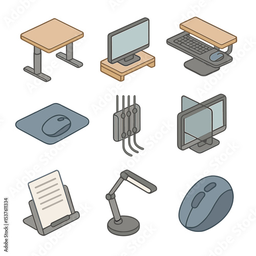 Workspace Ergonomics Icons. Isometric Flat icon set of workspace ergonomics: adjustable desk height, monitor stand, keyboard tray,
