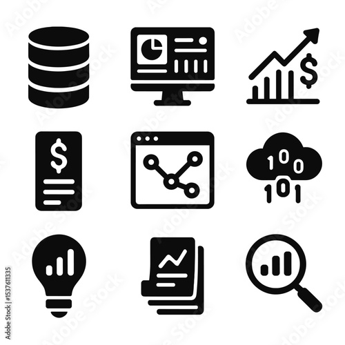 Financial Analytics Icons. Solid, filled icons set of financial data analytics: database icon, real-time