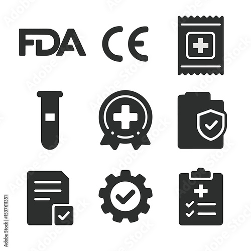 Medical Certification Icons. Solid, filled icons set of medical product certification: FDA symbol, CE mark,