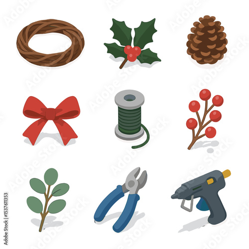 Wreath Making Essentials. Isometric Flat icon set of wreath making supplies: grapevine base, holly sprig, pine cone, ribbon bow,
