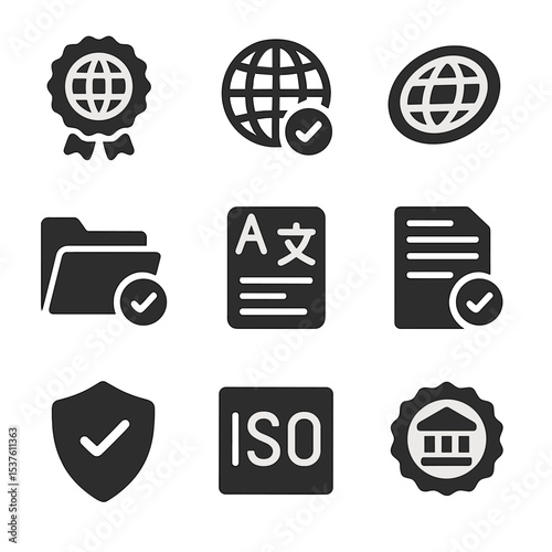Certification Icons Grid. Solid, filled icons set of international certification programs: global badge,
