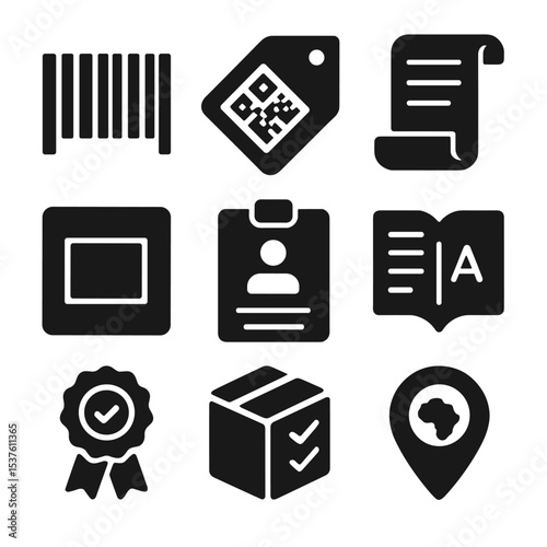 Product Label Icons. Solid, filled icons set of consumer product labeling standards: barcode icon, QR code tag