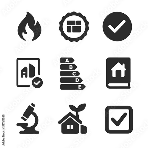 Building Certification Icons. Solid, filled icons set of building and material certifications: fire safety