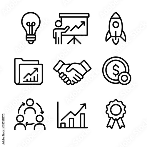 Youth Entrepreneurship Icons. Outline icon set of youth entrepreneurship programs: light bulb idea, pitch presentation screen,