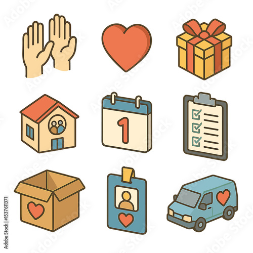 Youth Volunteer Icons. Isometric Flat icon set of youth volunteerism: helping hands, heart symbol, gift box, community center,