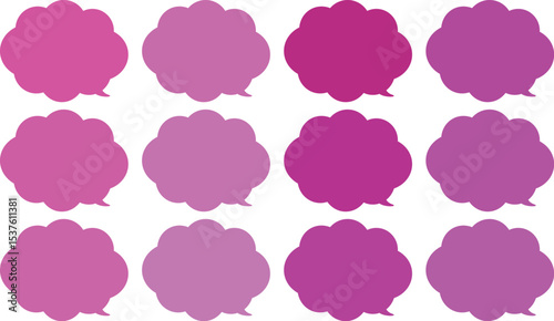 All the bubbles have a distinctive, rounded, cloud-like, or scalloped edge design. This vector image features twelve speech bubbles.