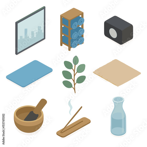 Yoga Icon Set. Isometric Flat icon set of yoga with panoramic glass wall: frameless window, skyline reflection, yoga mat stand,
