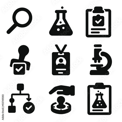 Testing Icons Grid. Solid, filled icons set of third-party testing and verification: magnifying glass icon,