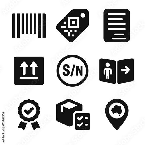 Product Label Icons. Solid, filled icons set of consumer product labeling standards: barcode icon, QR code tag