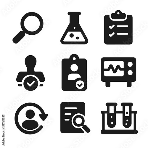 Testing Icons Grid. Solid, filled icons set of third-party testing and verification: magnifying glass icon,