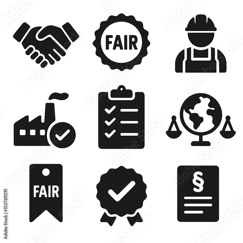 Ethical Trade Icons. Solid, filled icons set of ethical and fair trade certifications: handshake icon, fair