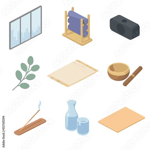 Yoga Icon Set. Isometric Flat icon set of yoga with panoramic glass wall: frameless window, skyline reflection, yoga mat stand,