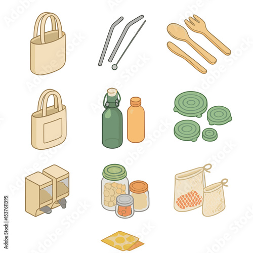 Zero Waste Essentials Icons. Isometric Flat icon set of zero waste shopping essentials: cloth shopping bags, stainless steel