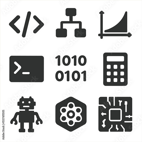 STEM Icons Grid. Solid, filled icons set of coding and STEM tutoring: code brackets, flowchart icon, math
