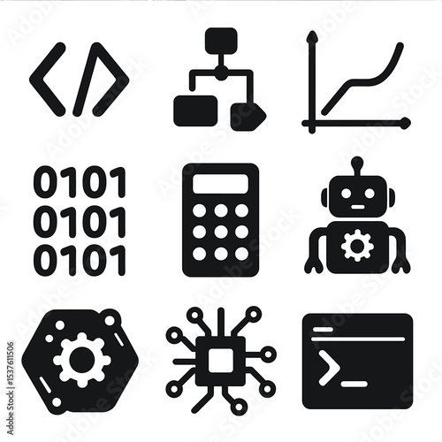STEM Icons Grid. Solid, filled icons set of coding and STEM tutoring: code brackets, flowchart icon, math