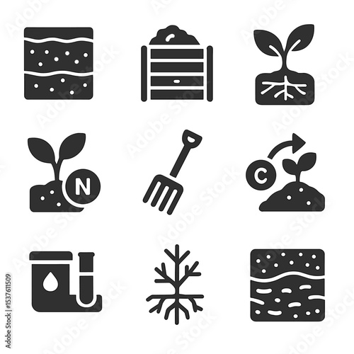 Soil Health Icons. Solid, filled icons set of soil health and enrichment: soil layers, compost bin, root
