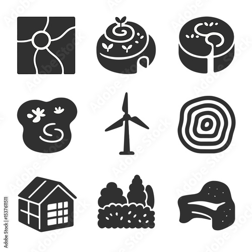Ecological Land Design Icons. Solid, filled icons set of ecological land design elements: zone map,