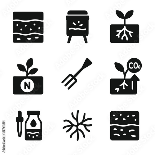 Soil Health Icons. Solid, filled icons set of soil health and enrichment: soil layers, compost bin, root