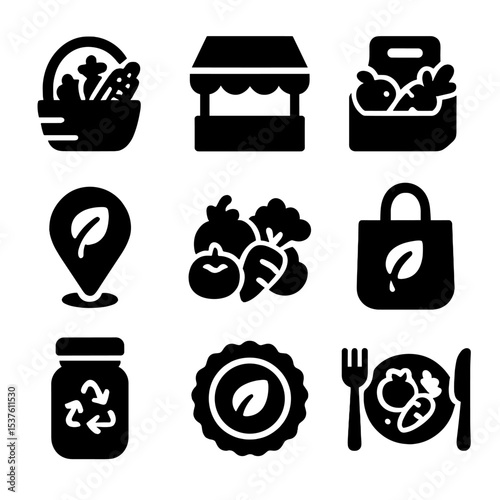 Farm-to-Table Icons. Solid, filled icons set of farm-to-table and local food: harvest basket, farmer’s market