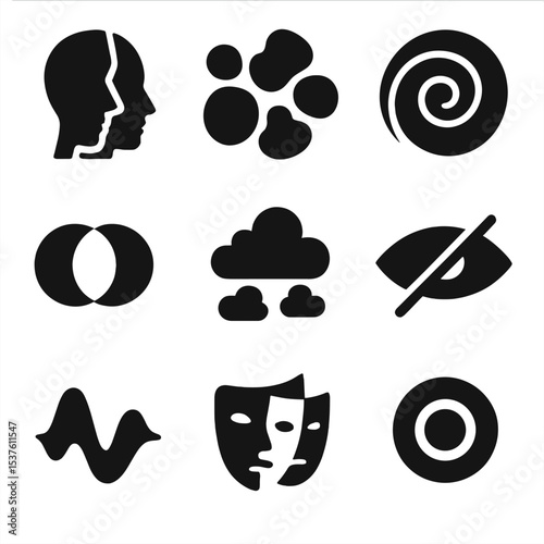 Abstract Identity Icons. Solid, filled icons set of abstract identity exploration: fragmented face, shape