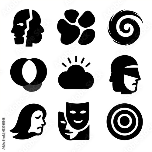 Abstract Identity Icons. Solid, filled icons set of abstract identity exploration: fragmented face, shape