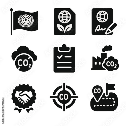 Climate Agreement Icons. Solid, filled icons set of global climate agreements and policy: UN flag, climate