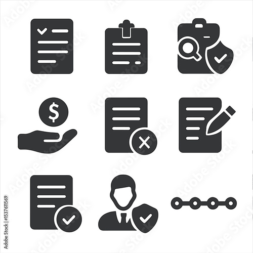 Insurance Claim Icons. Solid, filled icons set of insurance claim process: filled form, claim submission,