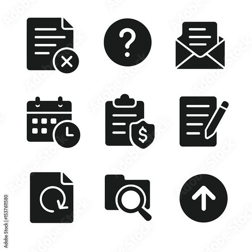 Claim Process Icons. Solid, filled icons set of claim denial and appeal process: denied form, reason code,