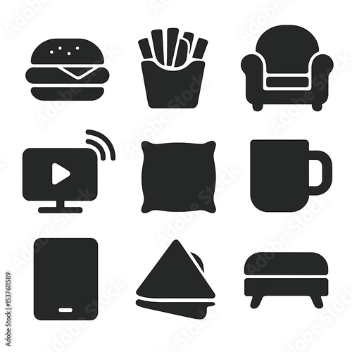 Home Comfort Icons. Solid, filled icons set of casual meals at home: burger icon, fries box, comfy chair,