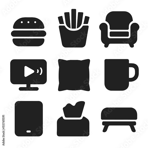 Home Comfort Icons. Solid, filled icons set of casual meals at home: burger icon, fries box, comfy chair,