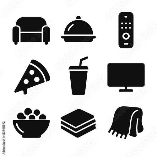 Couch Eating Icon Set. Solid, filled icons set of eating on the couch: couch icon, food tray, remote control,