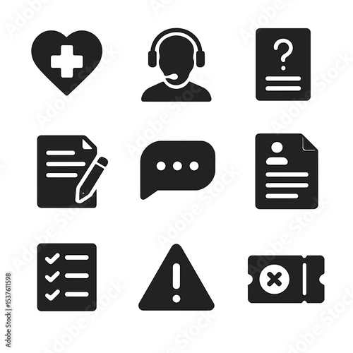 Patient Support Icons. Solid, filled icons set of patient support with forms: help icon, call support, FAQ