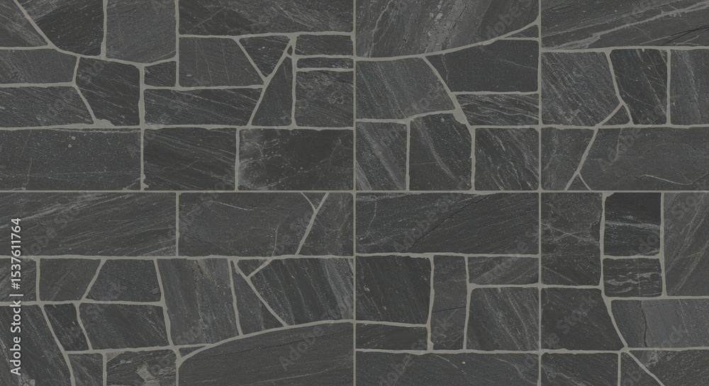 Fototapeta premium Close-up of a slate stone surface with irregular shapes, dark gray and black hues, emphasizing texture and natural patterns, ideal for modern design.