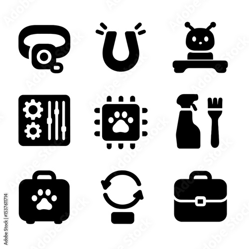 Robotic Pet Accessories Icons. Solid, filled icons set of robotic pet accessories: leash port, magnetic toy,