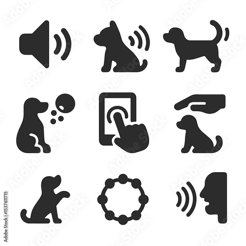 Interactive Pet Icon Set. Solid, filled icons set of interactive pet features: bark sound, motion response,