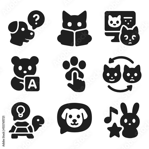 Educational Robo-Icons. Solid, filled icons set of educational robo-animals: voice quiz, interactive story,