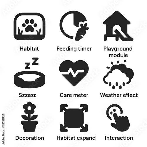 Virtual Habitat Icons. Solid, filled icons set of virtual animal habitats: habitat icon, feeding timer,