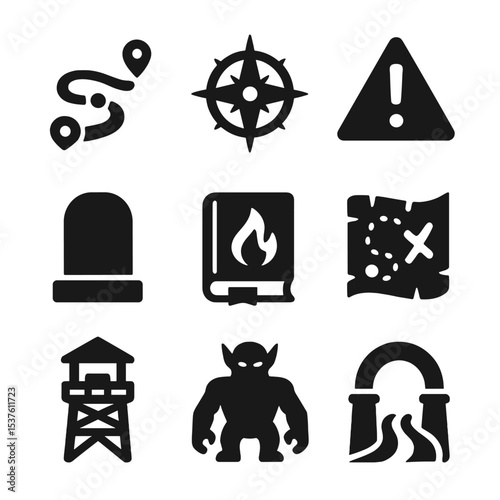 Heroic Journey Icons. Solid, filled icons set of heroic journey markers: trail icon, compass rose, danger sign