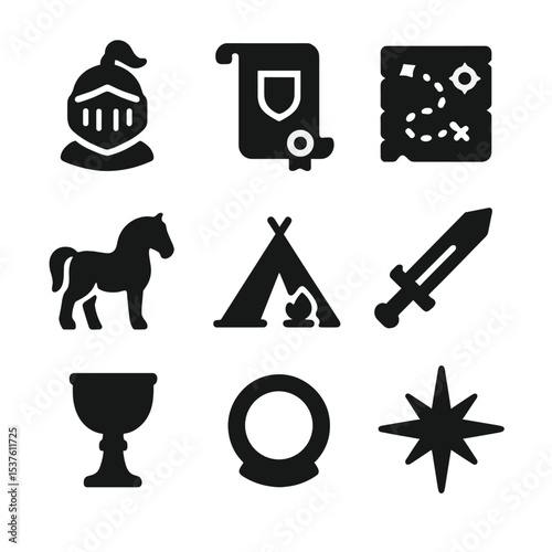 Medieval Quest Icons. Solid, filled icons set of medieval quest icons: knight’s helmet, royal decree, treasure