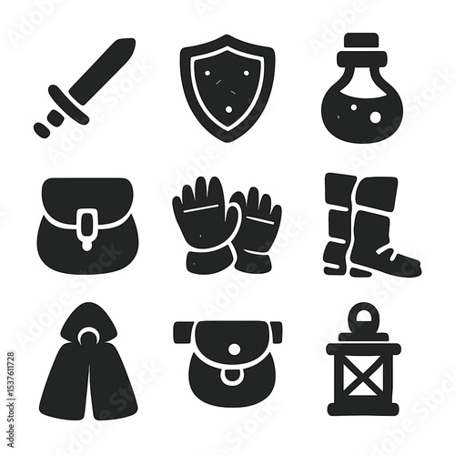 Knights Gear Icons. Solid, filled icons set of knight’s equipment: steel sword, battle-worn shield, potion