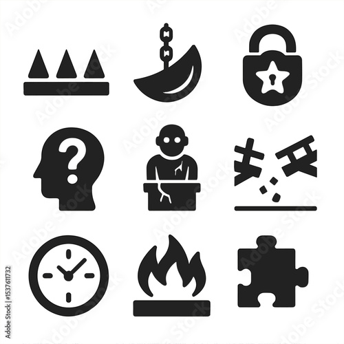 Magical Trial Icons. Solid, filled icons set of magical trials and traps: spike floor, swinging blade,