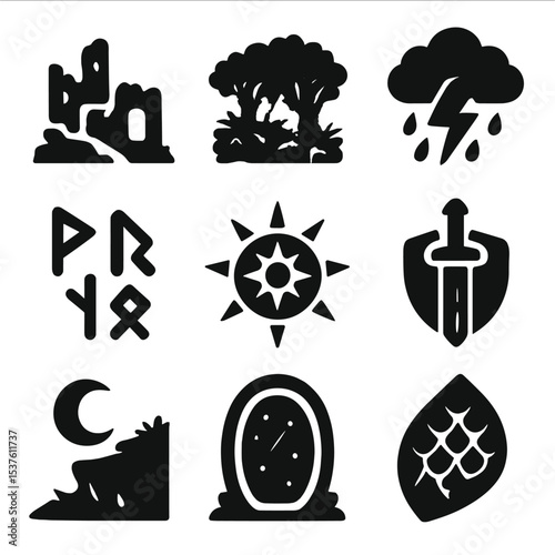 Medieval Fantasy Icons. Solid, filled icons set of medieval fantasy world elements: castle ruins, enchanted