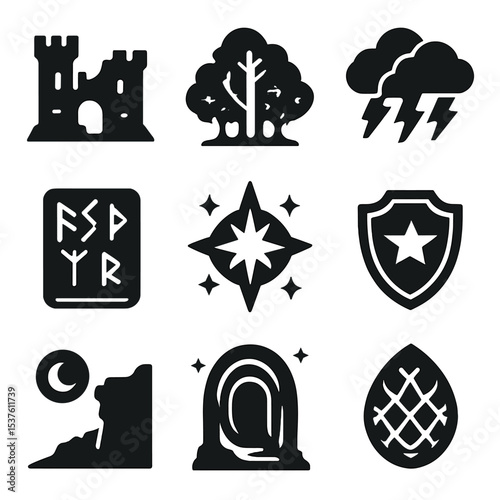 Medieval Fantasy Icons. Solid, filled icons set of medieval fantasy world elements: castle ruins, enchanted